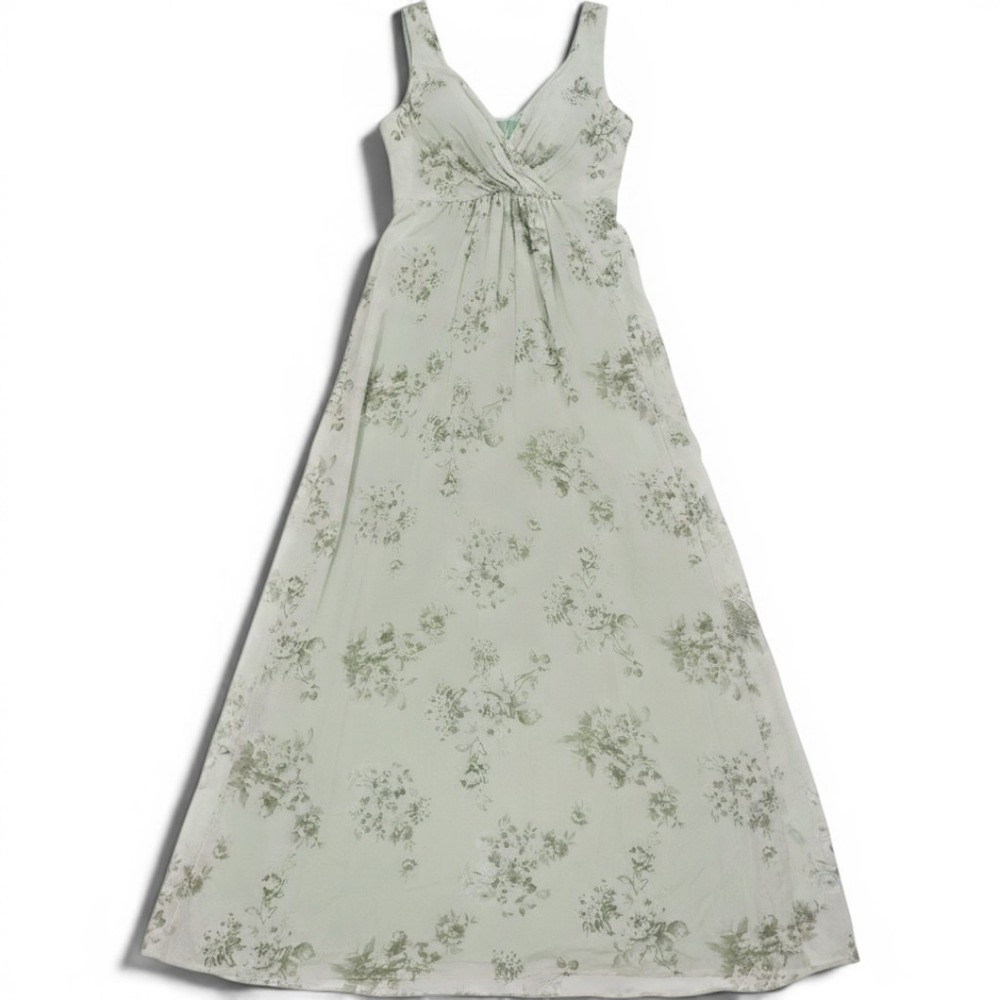 AW Bridal Penoy Pistachio Green Floral Maxi Dress US 8 V-Neck Chiffon Tie-Back